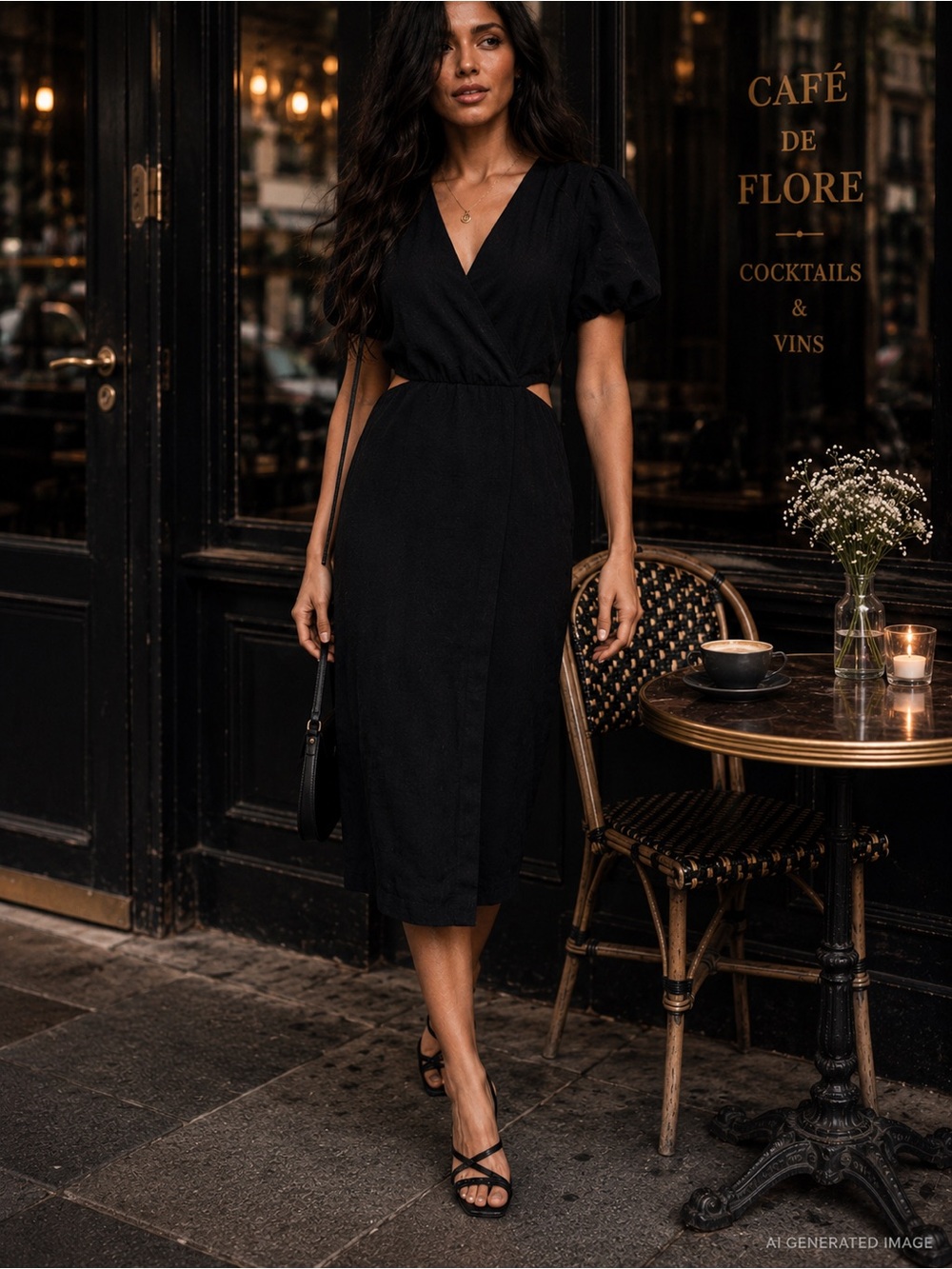 And Now This Black Midi Dress Cutout Puff Sleeve Size L Quiet Luxury